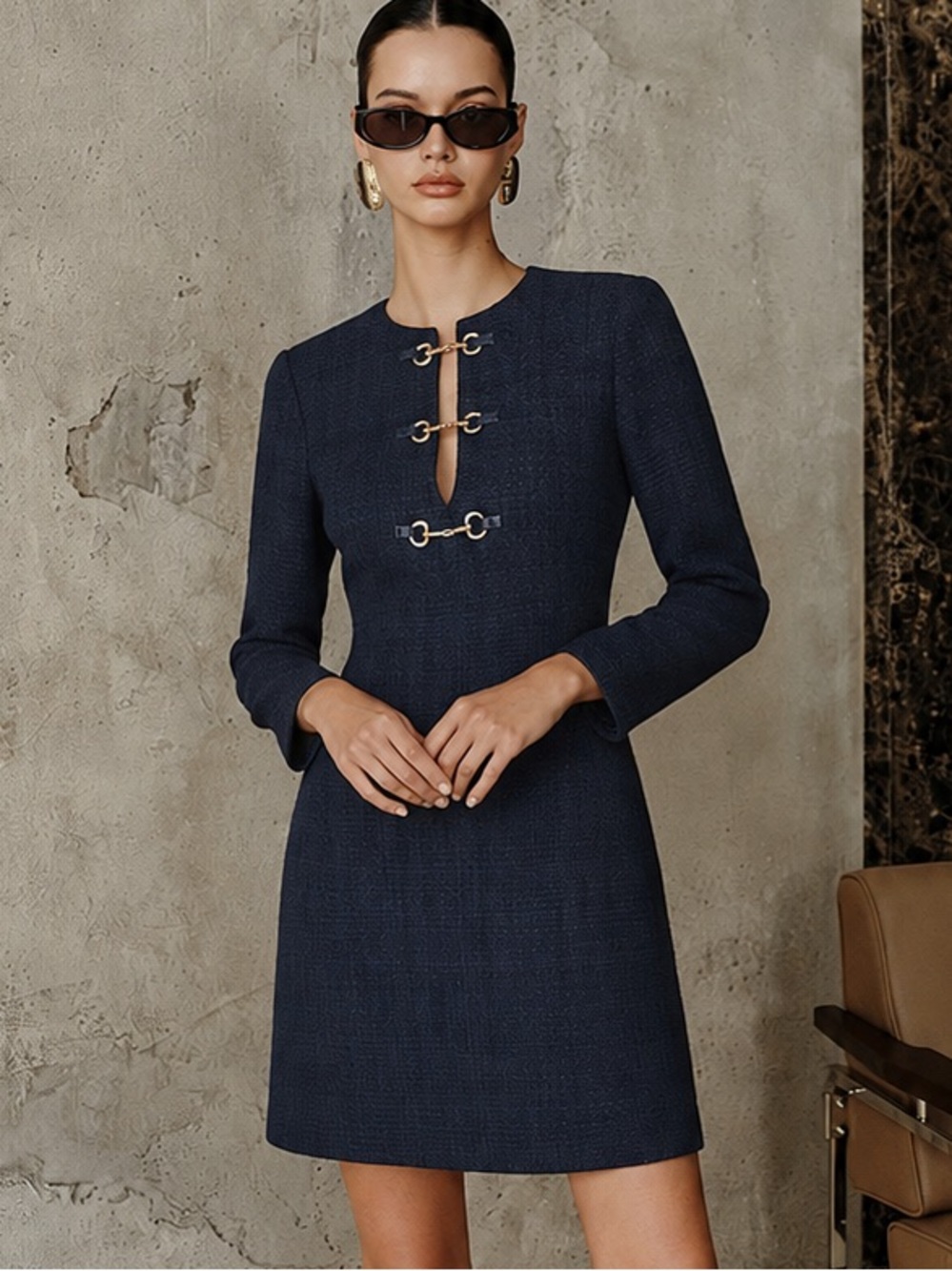 Commense Navy Long-Sleeve Shift Dress with Gold Buckle Accents